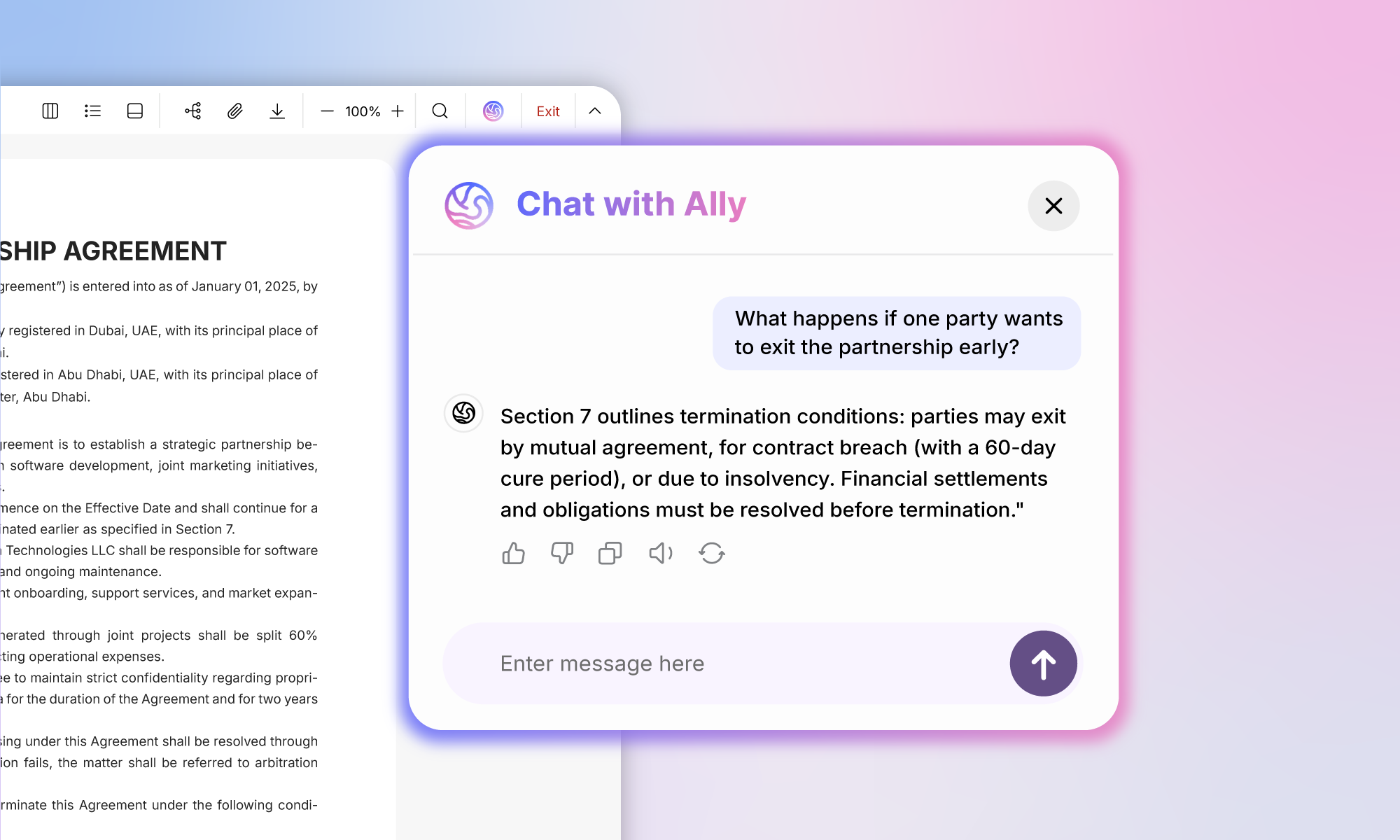 Ally AI document chat answering questions inside a document workflow