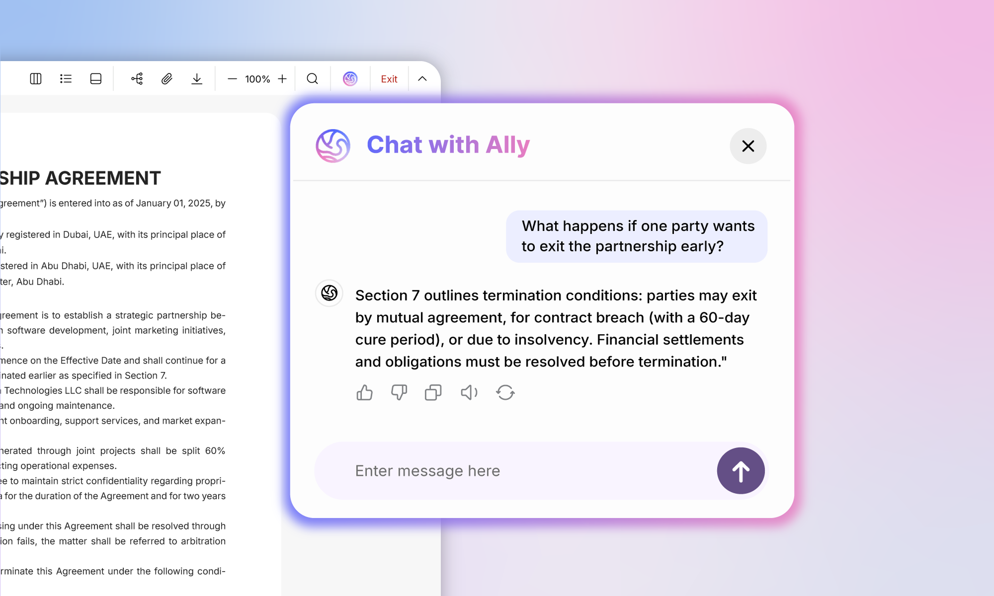 Ally AI answering document questions inside a ZaferSign workflow