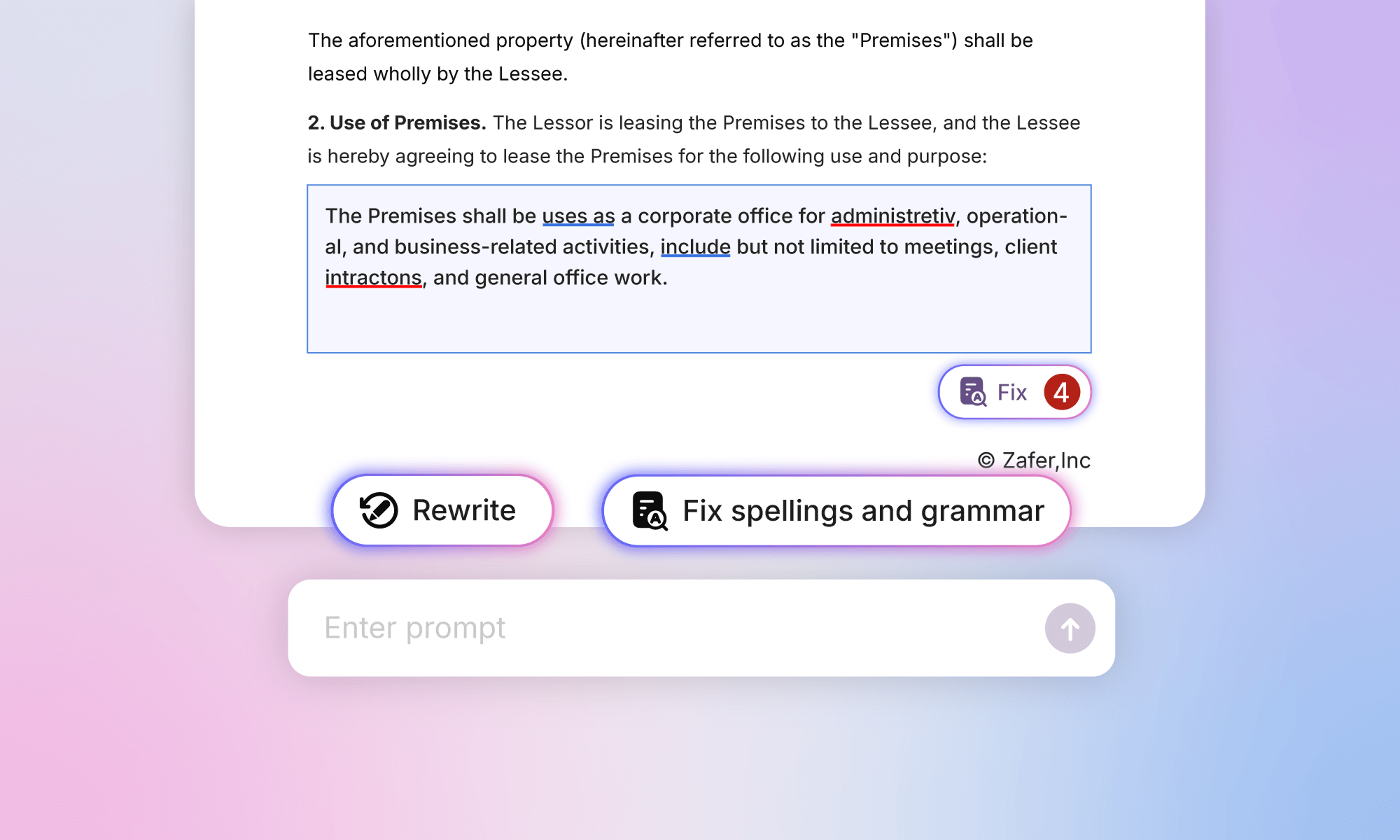 Ally AI rewrite and grammar tools inside a document editor