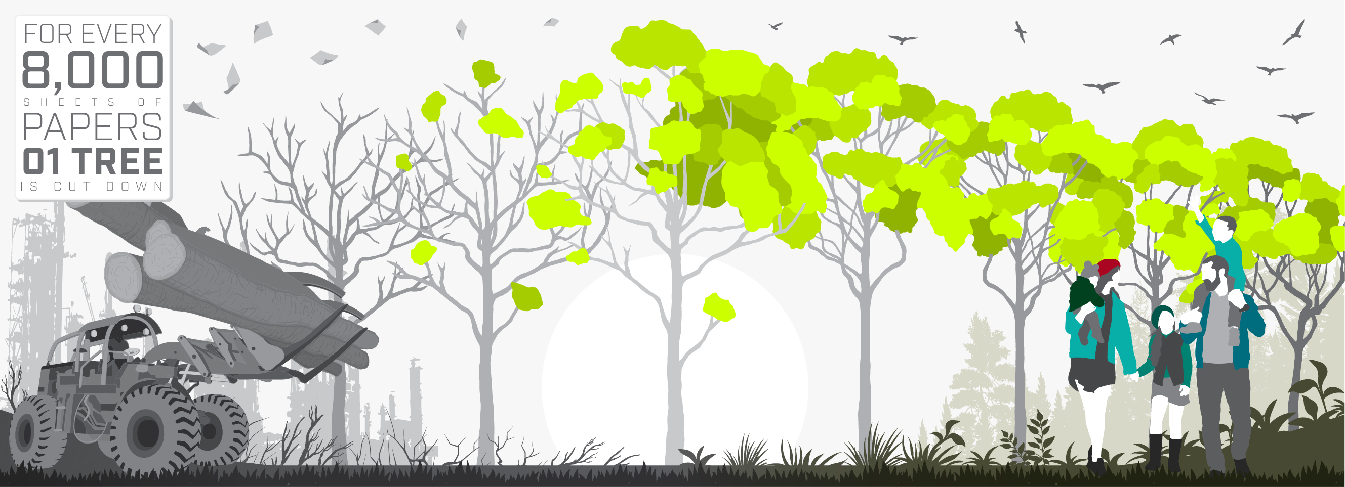 Paperless Life illustration showing deforestation changing into a restored forest