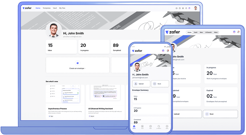 ZaferSign dashboard shown across desktop, tablet, and mobile devices