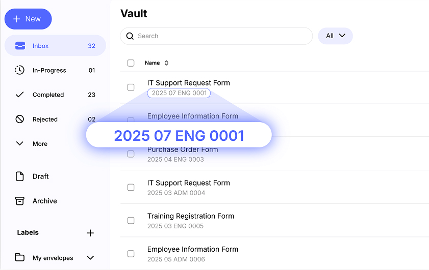 ZaferSign vault interface showing searchable document records and archive folders